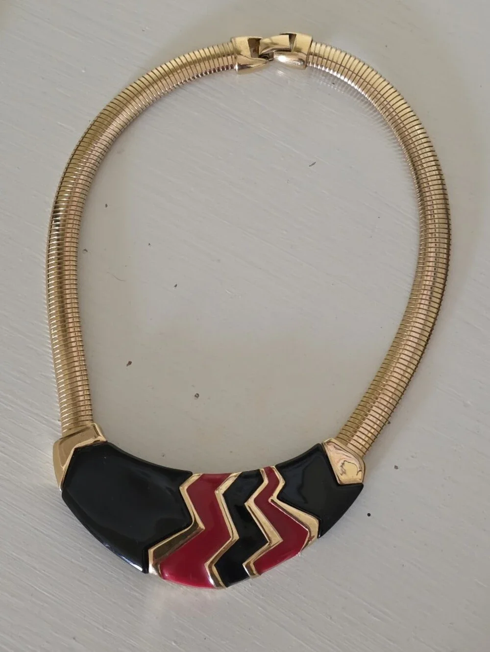 Vintage Napier Collar Necklace Gold Black & Red Enamel  Modernist Deco Choker